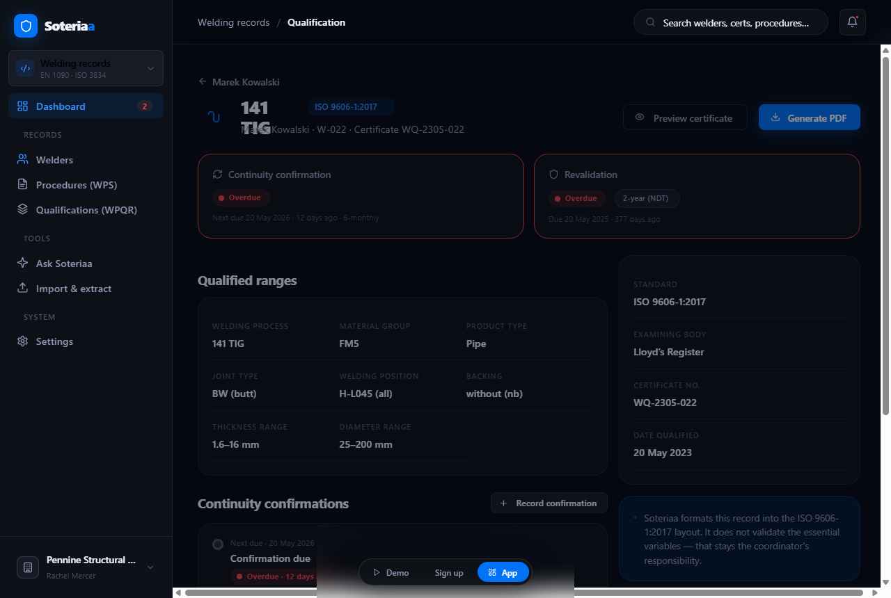 Soteriaa qualification record workflow