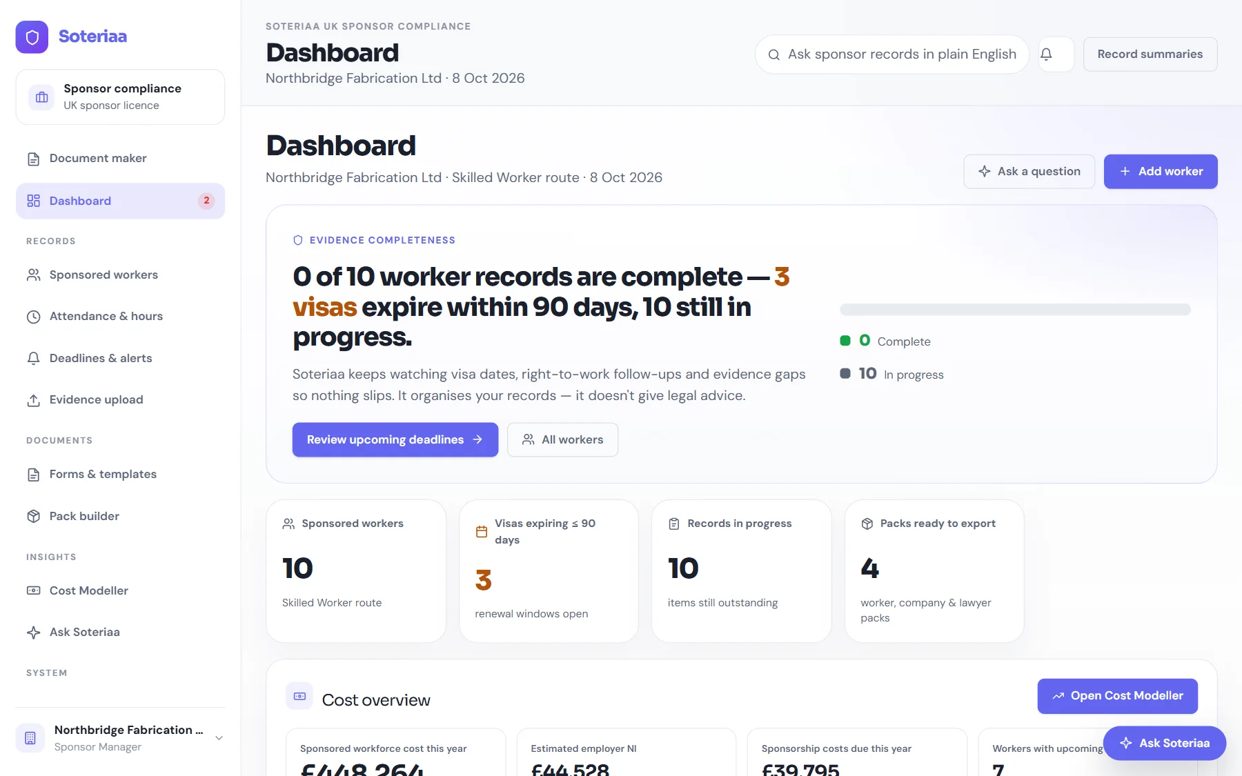 Fictional sponsor dashboard showing evidence completeness, visas expiring within 90 days and packs ready